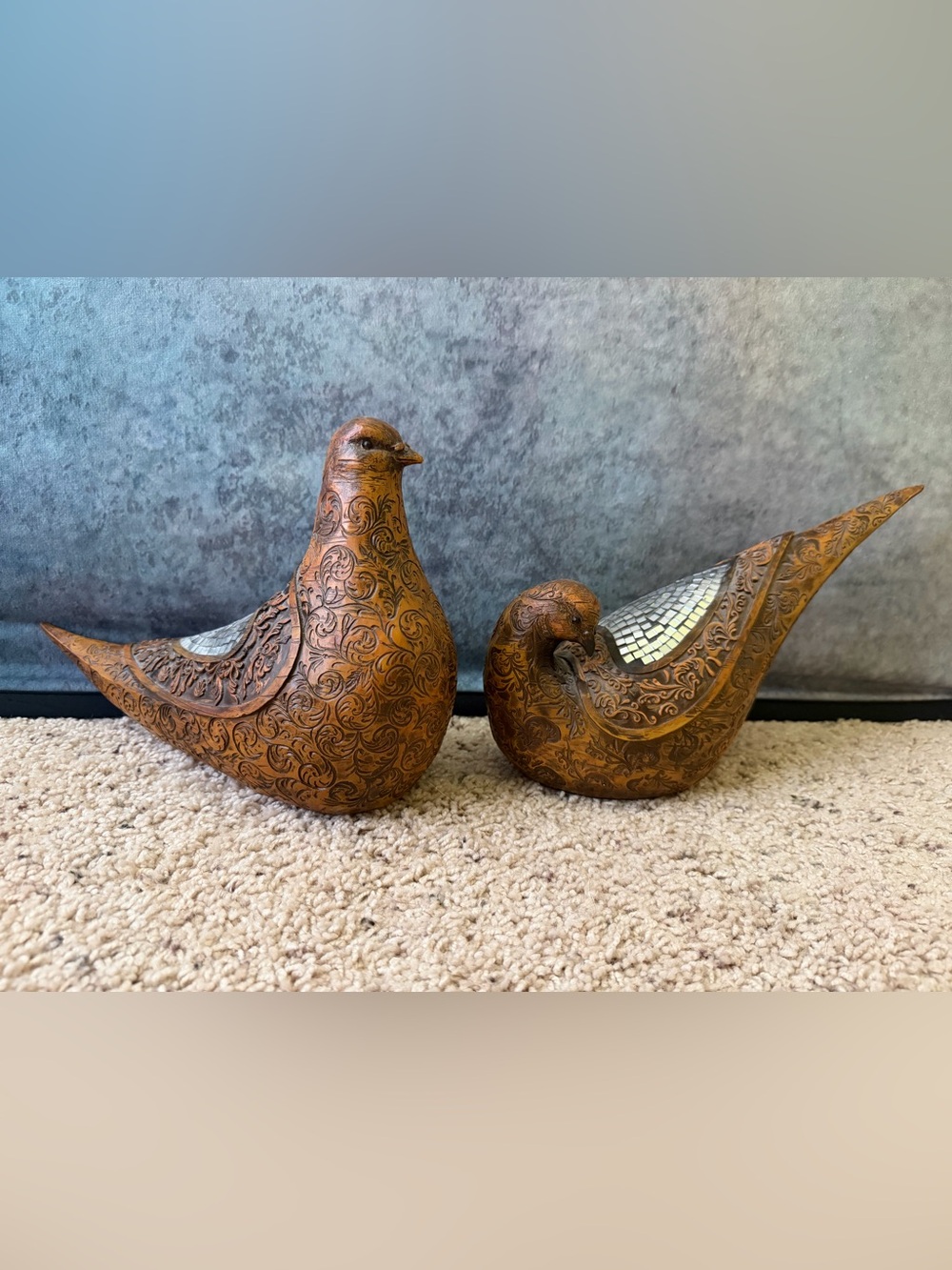 Vintage Ornate Carved Bird Figurines with Mosaic Glass in Warm Brown
